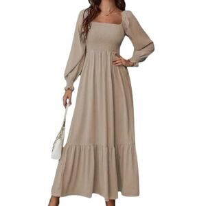 Khaki Boho Festival Maxi Dress Square Neck Smocked Ruffle Hem Size Large